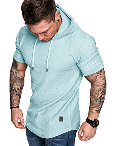 Mens Fashion Hoodies Sport Pullover Solid Color Shirt Workout Lightweight Tops Sky Blue XX