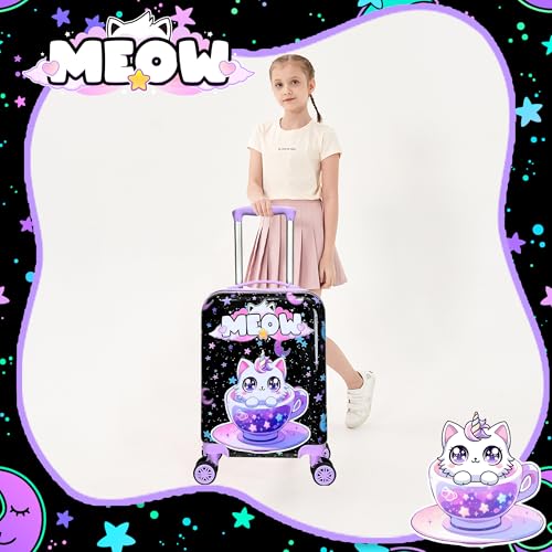 Cute Black Cat Kid's Luggage Set 2 Piece Suitcase Set 16" Hardside Luggage with Spinner Wheels Girls Carry on Toddler Travel Rolling Luggage Airline Approved (2 Count)