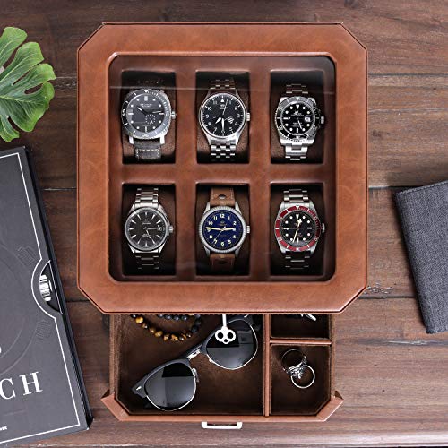 Gift Set 6 Slot Leather Watch Box with Valet Drawer