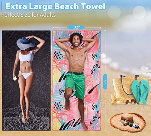Microfiber Beach Towel Oversized 71x32 Black Pink with Bag 2 Pack (2 Count)