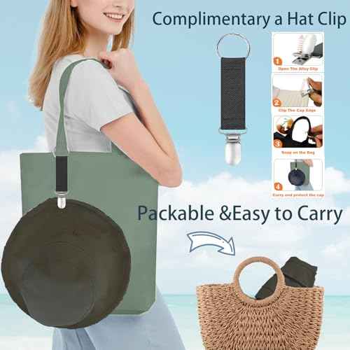 Womens Sun Hats Wide Brim Reversible Bucket Cotton Hat Packable Summer Travel Cap with Hat Clip
