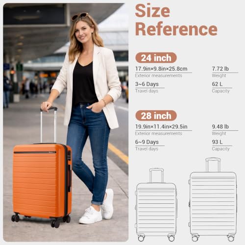 Large Suitcase 28in Expandable ABS+PC 8pcs Silent Wheels Orange