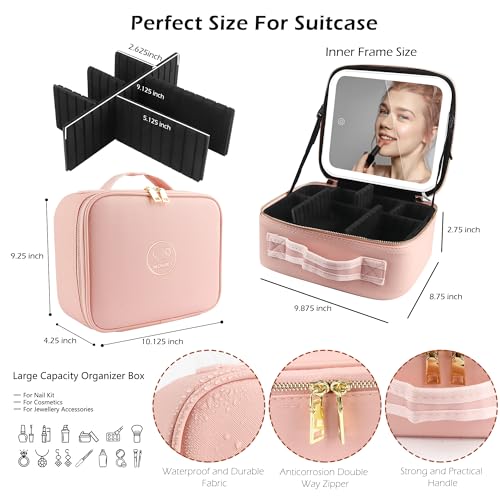 Makeup Train Case with Light & Mirror Large Cosmetic Organizer with Adjustable Dividers for Cosmetics