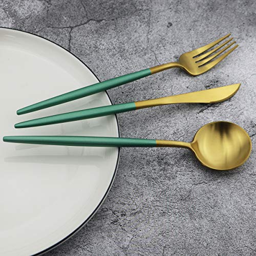 20-Piece 18/10 Stainless Steel Flatware Silverware, Luxury Dinnerware Set Travel Cutlery Tableware Include Knife Fork Spoon Service for 4, Dishwasher Safe (Green Handle Matte Gold) (4 Count)