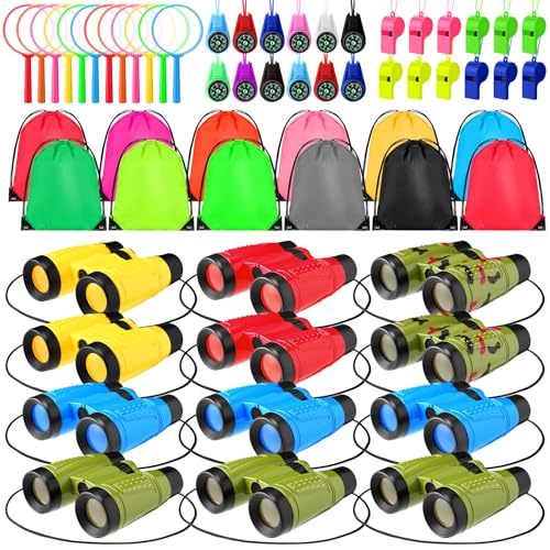 12 Set Binocular Compass Magnifying Glass Set Christmas Birthday Gift Small Telescope Binocular with Whistle Bag for Outdoor Exploring Stocking Stuffer (12 Count)