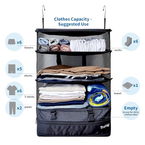 Stow-N-Go Hanging Travel Shelves, Packing Organizer for Luggage. Carry on Closet for Suitcase. Expandable Packing Cube. Travel Essentials. (Black - XL, XL = (L) 17.7" x (W) 11.8")