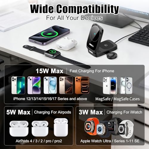 3-in-1 15W Magnetic Charger for iPhone, Apple Watch & AirPods, Black