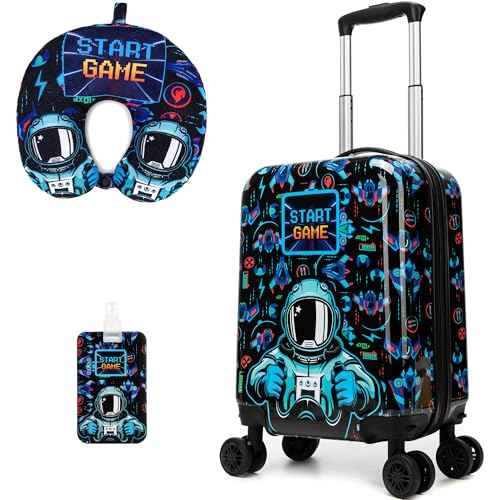 Kids Luggage Set Carry On Rolling Suitcase with U shaped Pillow Toddler Suitcase for Boys Travel Set Rocket Hardside Luggage with Spinner Wheels Airline Approved