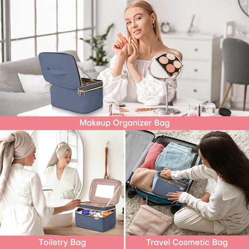Large Makeup Bag with Mirror Double Layer Travel Make Up Organizer Case