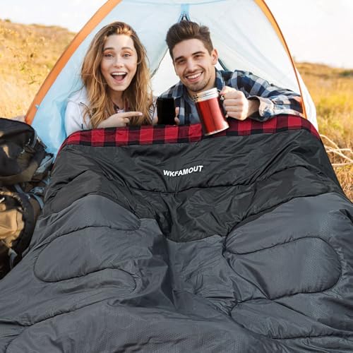 Cotton Flannel Double Sleeping Bag for Adults Machine Washable 2 Person Camping Sleeping Bag Queen Size Waterproof with Compression Sack for Cold Weather 3