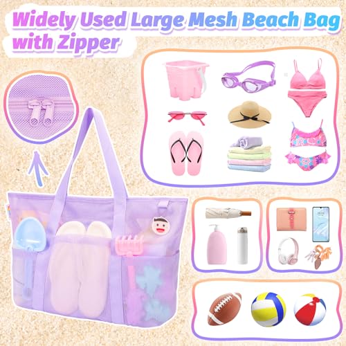 Mesh Beach Bag with Zipper and 8 Pockets