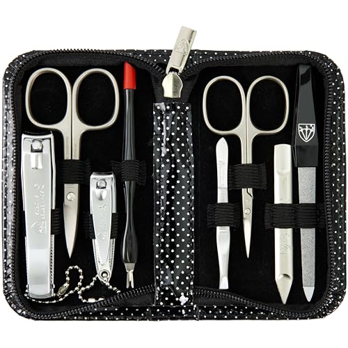 brand quality 8 piece manicure pedicure grooming kit set for professional nail care with synthetic leather case black silver spots