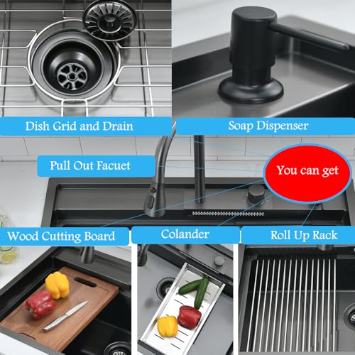 33 Inch Black Drop In Waterfall Kitchen Sink Workstation