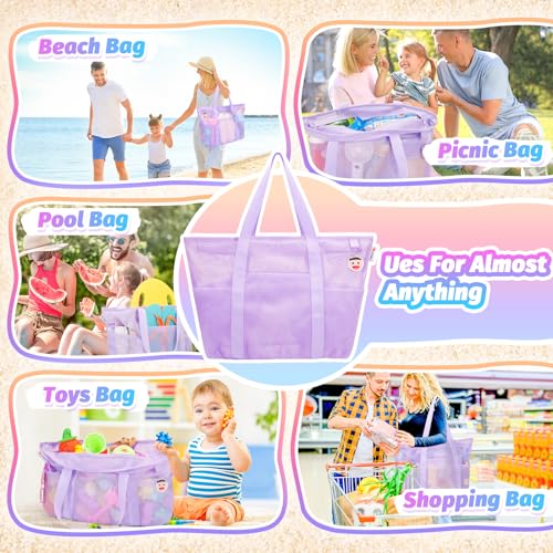Mesh Beach Bag with Zipper and 8 Pockets