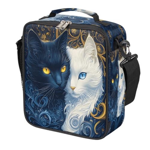 Blue White Cat Kids Lunch Box for Girls Boys Reusable Insulated Lunch Bag for Kids Toddler Thermal Cooler Spacious Lunchbox with Shoulder Strap Lunchbag for School Work Picnic (A05:Cat)