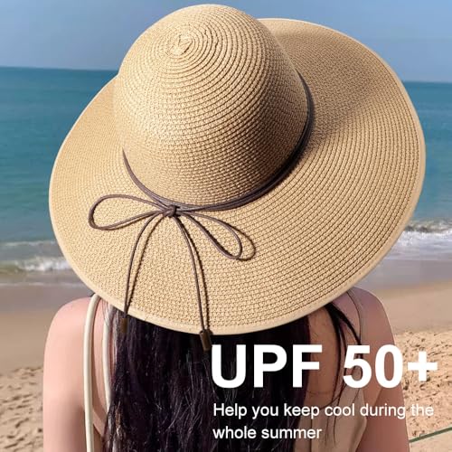 Womens Sun Straw Hat Bowknot Hat Summer Wide Brim Bucket Hats Foldable Beach Sun Hats Roll up UPF 50+