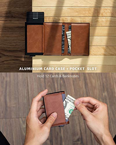 Card Holder Pop Up Slim Wallet Leather RFID Blocking Card Case Up to 8 Credit Cards Brown (7 Count)