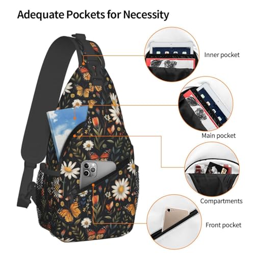Sling Bag Vintage Butterfly Daisy Leaf Hiking Daypack Crossbody Shoulder Backpack Travel Chest Pack for Men Women