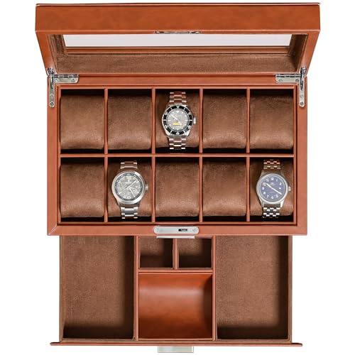 10 Slot Watch Box in Leather with Valet Drawer