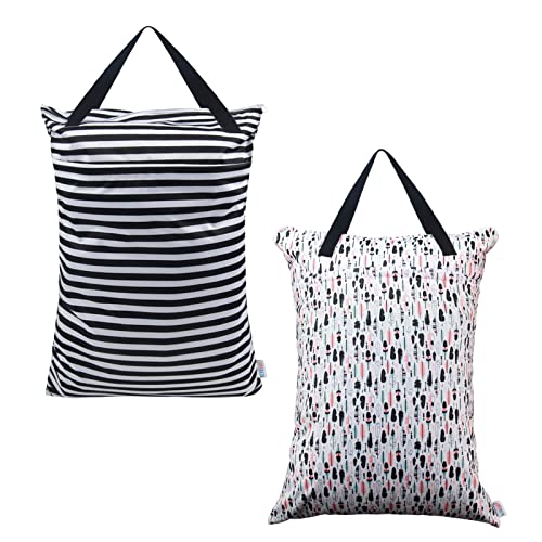 BABY 2 Pack Large Wet Dry Bag Waterproof Hanging Cloth Diaper with Double Zippered Pockets 25x18 inches (2 Count)