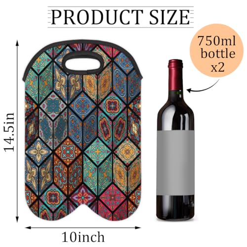 Square Mandala 2 Bottle Wine Carrier Tote Bag Insulated Wine Bottles Neoprene Bag with Secure Carry Handle Portable Wine Cooler Bag for Travel Picnic Beach (2 Count)