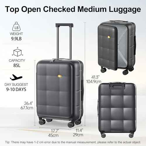 26 Inch Large Checked Luggage Hardside Suitcases Top Open Charcoal Grey