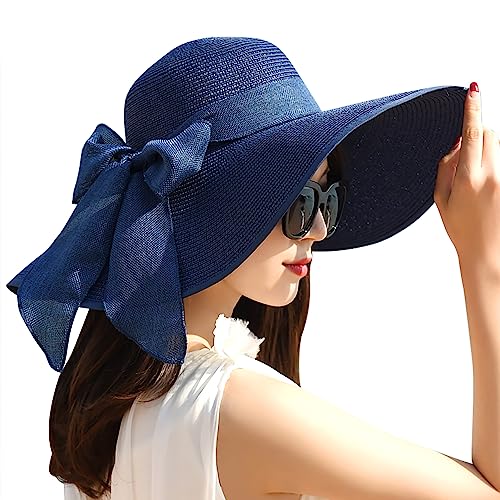 Women Wide Brim Bow Straw Hat Floppy Foldable Beach Sun Hat Roll up Cap UPF 50+