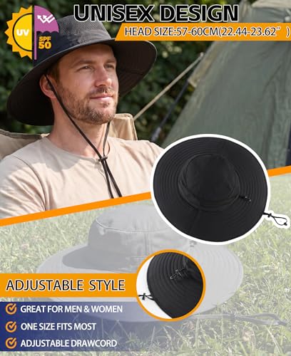 UPF50+ Mens Sun Hat Wide Brim Sun Protection Hat Mens Womens Large Brim Bucket Beach Fishing Gardening Hat Black