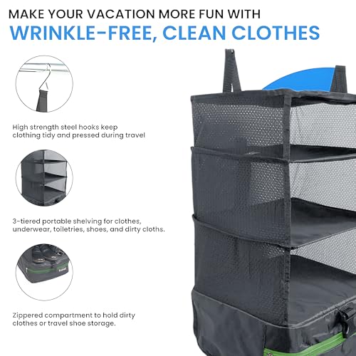 Stow-N-Go Hanging Travel Shelves, Packing Organizer for Luggage. Carry on Closet for Suitcase. Expandable Packing Cube. Travel Essentials. (Dark Gray - L, L = (L) 11.8" x (W) 11.8")