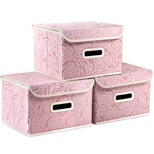 Collapsible Storage Boxes with Lids Fabric Decorative Storage Bins Cubes Organizer Containers Baskets with Cover Handles Divider for Bedroom Closet Living Room 9.8x7.9x6.7 Inch 3 Pack (3 Count)