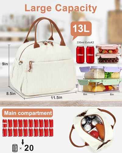 Lunch Bag for Women Men Cute Corduroy Lunch Tote Bags Reusable Insulated Lunch Box Large Capacity Reusable Insulated Cooler for Work Picnic or Travel