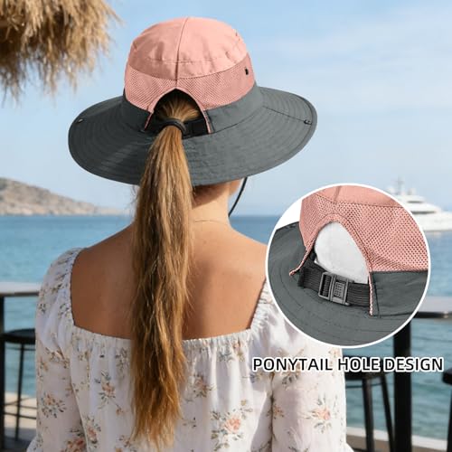 Ponytail Sun Bucket Hats for Women UV Protection Foldable Wide Brim