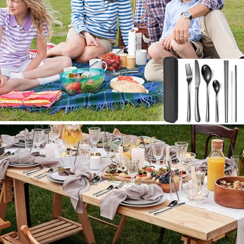 6 Pieces Stainless Steel Flatware Set Portable Reusable Cutlery Set Travel Utensils Set Including Chopsticks Knife Fork Spoon Straws Cleaning Brush Dishwasher Safe (6 Count)