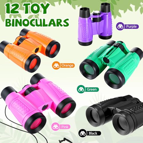 12 Set Binocular Compass Magnifying Glass Set Christmas Birthday Gift Small Telescope Binocular with Whistle Bag for Outdoor Exploring Stocking Stuffer (12 Count)