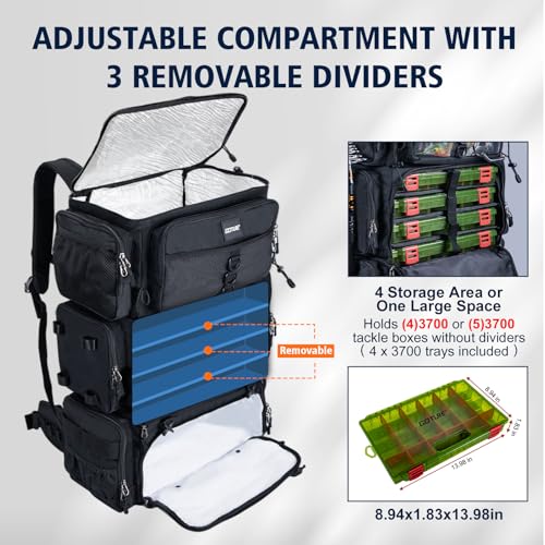 72L Fishing Tackle Backpack with Cooler & 4 3700 Tackle Boxes