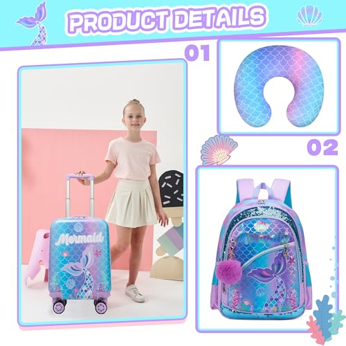 Cute Mermaid Kid’s Luggage Set 5 Piece Suitcase Set 16’’ Hardside Luggage with Spinner Wheels Girls Travel Rolling Luggage Carry on Luggage Airline Approved (5 Count)
