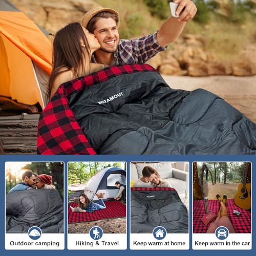 Cotton Flannel Double Sleeping Bag for Adults Machine Washable 2 Person Camping Sleeping Bag Queen Size Waterproof with Compression Sack for Cold Weather 3