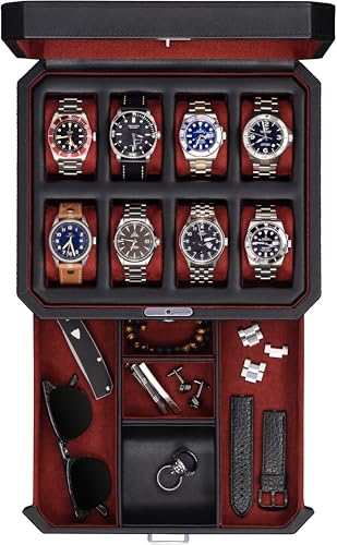 8 Slot Leather Watch Box with Valet Drawer