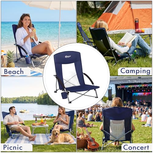 Beach Chairs for Adults 2 Pack High Back Low Folding Camping Chair Portable Lightweight with Cup Holder for Travel (2 Count)