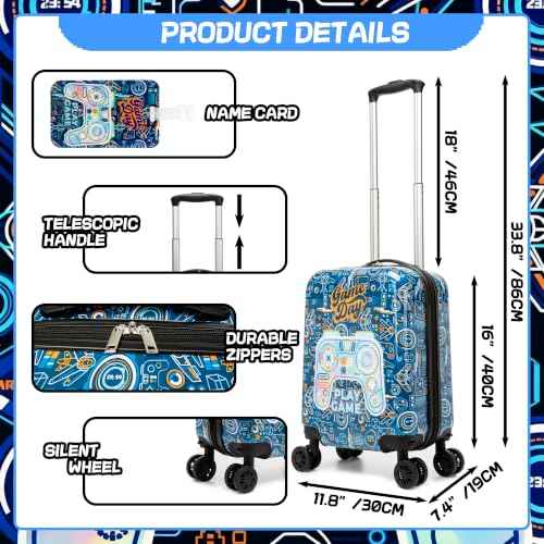 Kids Luggage Set Carry On Suitcase with U shaped Pillow Rolling Toddler Suitcase for Boys Travel Set Hardside Luggage with Spinner Wheels Airline Approved