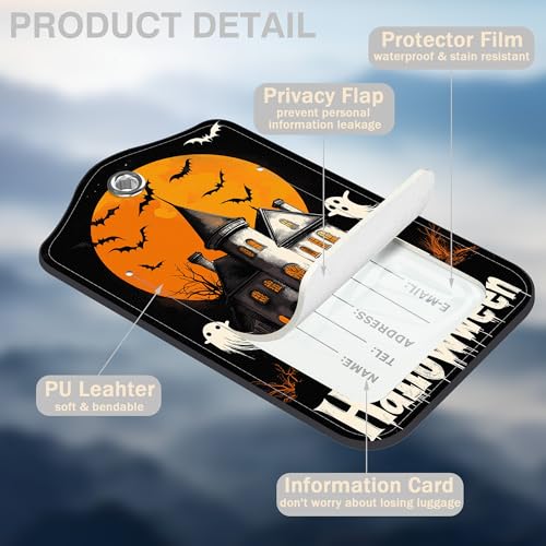 2 Pack Bat and Ghost Luggage Tags for Suitcases Happy Halloween Castle Leather Luggage Tags Privacy Cover ID Label with Stainless Steel Loop and Address Card for Women Men Travel Bag Backpack (2 Count)