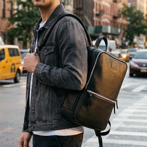 Leather Laptop Backpack for Men with Trolley Strap 16L Slim
