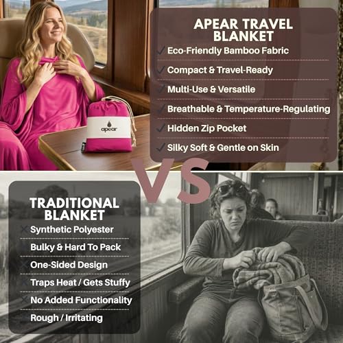 16-in-1 Compact Travel Blanket with Bag – Reversible, Ultra Soft Bamboo Airplane Blanket with Hidden Pocket - Packable for Flights, Camping, Picnic, Travel Essentials (Pink/Black)