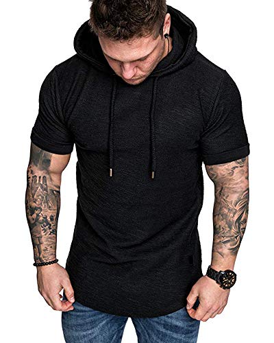 Mens Fashion Hoodies Sport Pullover Solid Color Shirt Workout Lightweight Tops Black