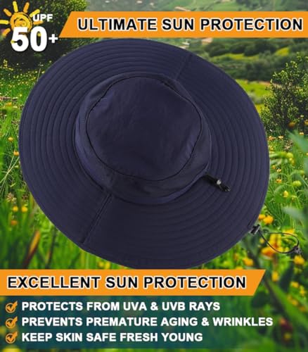 UPF50+ Mens Wide Brim Sun Hat Large Foldable Brim Bucket Hat for Fishing Gardening Womens UV Protection Hat Navy Blue