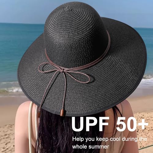Womens Sun Straw Hat Bowknot Hat Summer Wide Brim Bucket Hats Foldable Beach Sun Hats Roll up UPF 50+