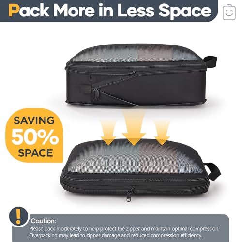 6/9/11 Set Compression Packing Cubes for Travel Essentials,Compressible Expandable Large Luggage Suitcase Organizer Bags for Clothing,Space Saver Bags with Over 1000 pcs of Mesh Holes(Black) (6 Count)