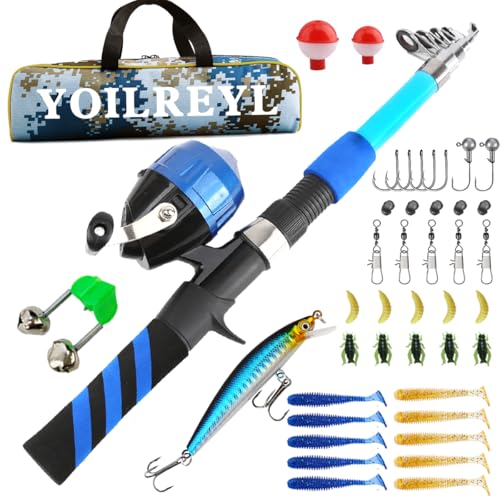 Kids Fishing Rod and Reel Combo Push Button Small Collapsible Telescopic Fishing Pole Kit Beginner Youth Boys Fishing Starter Set Tackle