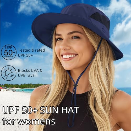 Womens Outdoor Mesh Boonie Sun Hat Summer Wide Brim UV Protection Fishing Hat Safari Cap Navy Blue