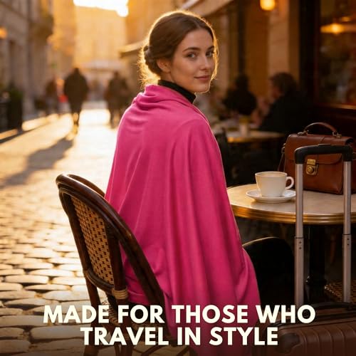 16-in-1 Compact Travel Blanket with Bag – Reversible, Ultra Soft Bamboo Airplane Blanket with Hidden Pocket - Packable for Flights, Camping, Picnic, Travel Essentials (Pink/Black)